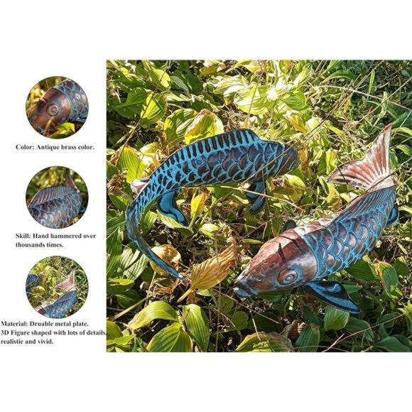 Set of 2 Koi Fish Sculpture Metal Copper Garden Pond and Home Decoration - Picture 5 of 7